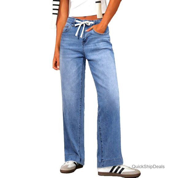 Wide Leg High Waisted Stretchy Denim Jeans with Drawstring Baggy Fit